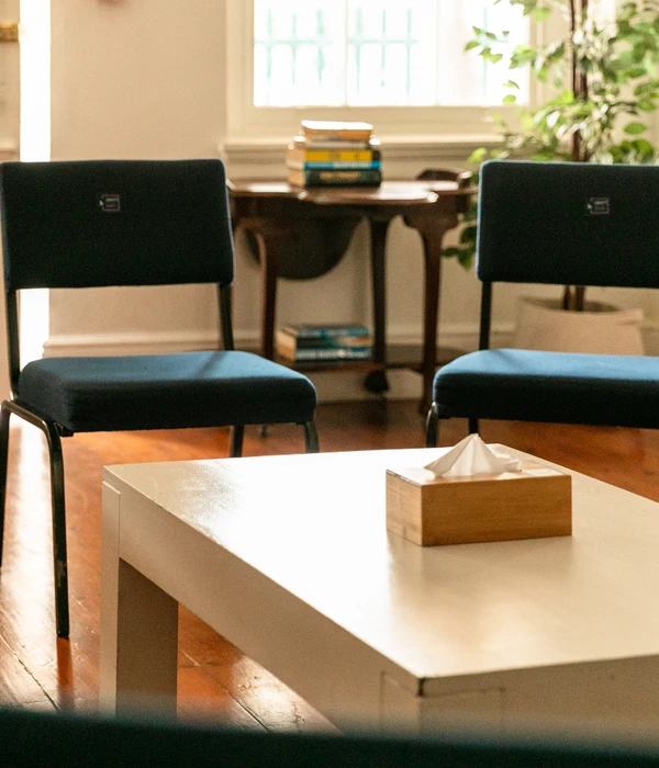 Twee donkerblauwe gestoffeerde stoelen staan ​​tegenover elkaar op een houten vloer, met een houten tissuebox op een witte tafel op de voorgrond.